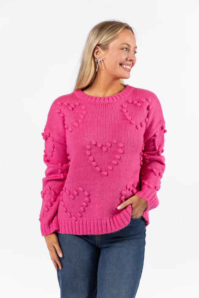 Adore You Hot Pink Oversized Heart Pom Sweater FINAL SALE - Terpint
