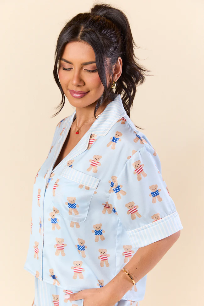 Bearly Asleep Teddy Bear Printed Short Sleeve Pajama Top FINAL SALE - Terpint