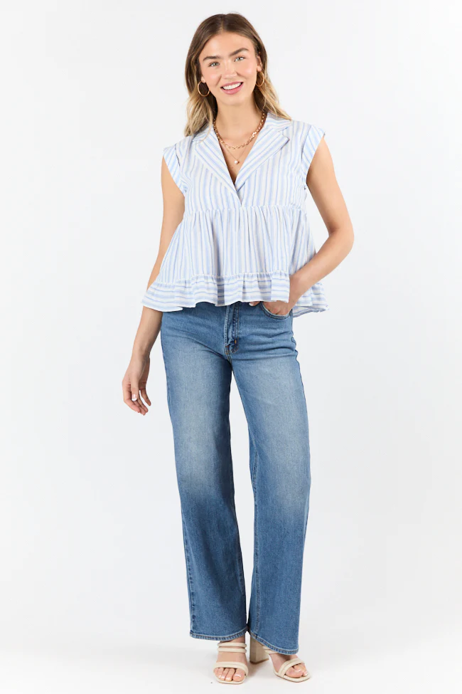 Perfect Aura Blue Striped Collared Tank - Terpint