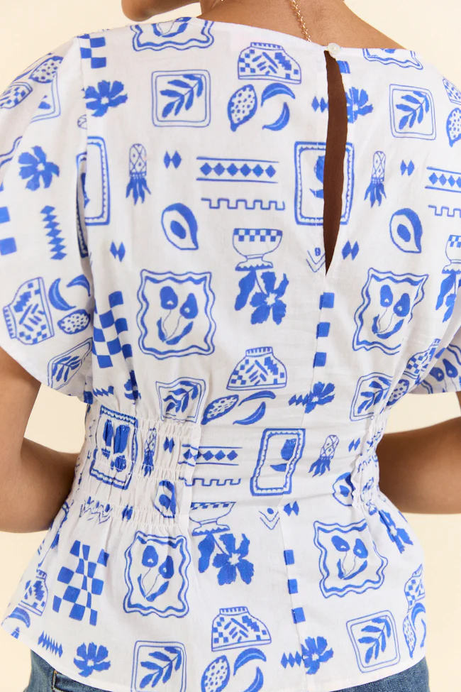 Missed You Blue Icon Printed Cinched Waist Woven Blouse FINAL SALE - Terpint