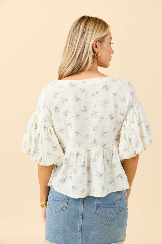 Martha Blue Floral Print Gauze Woven Top - Terpint