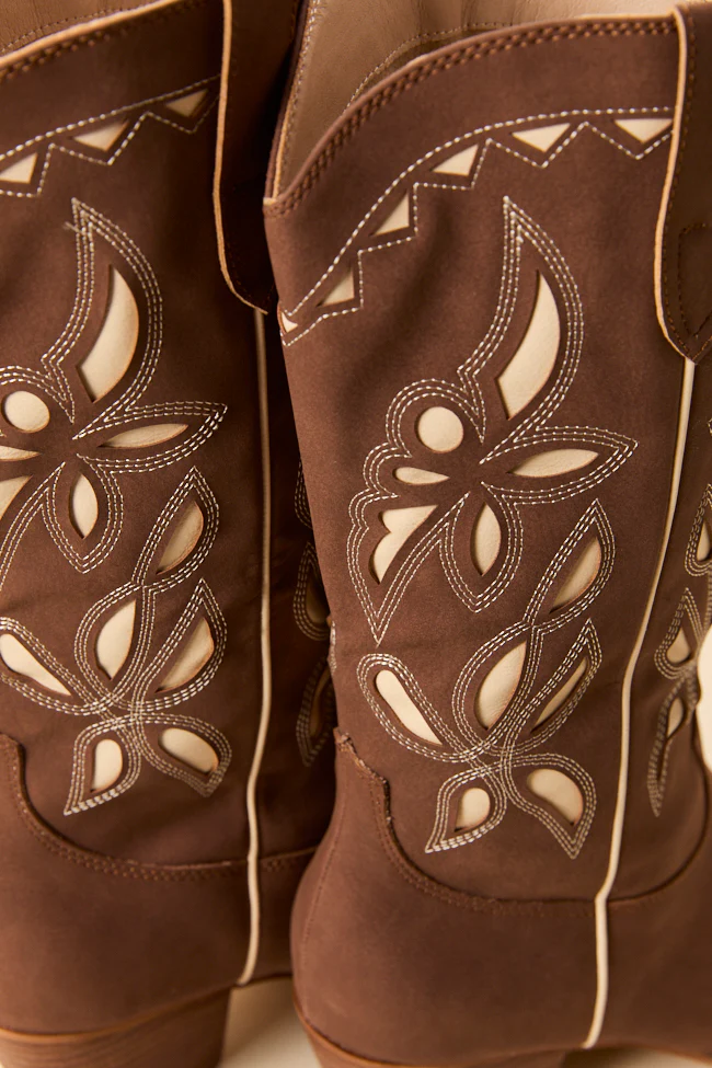 Zinnia Brown Cutout Cowboy Boots - Terpint
