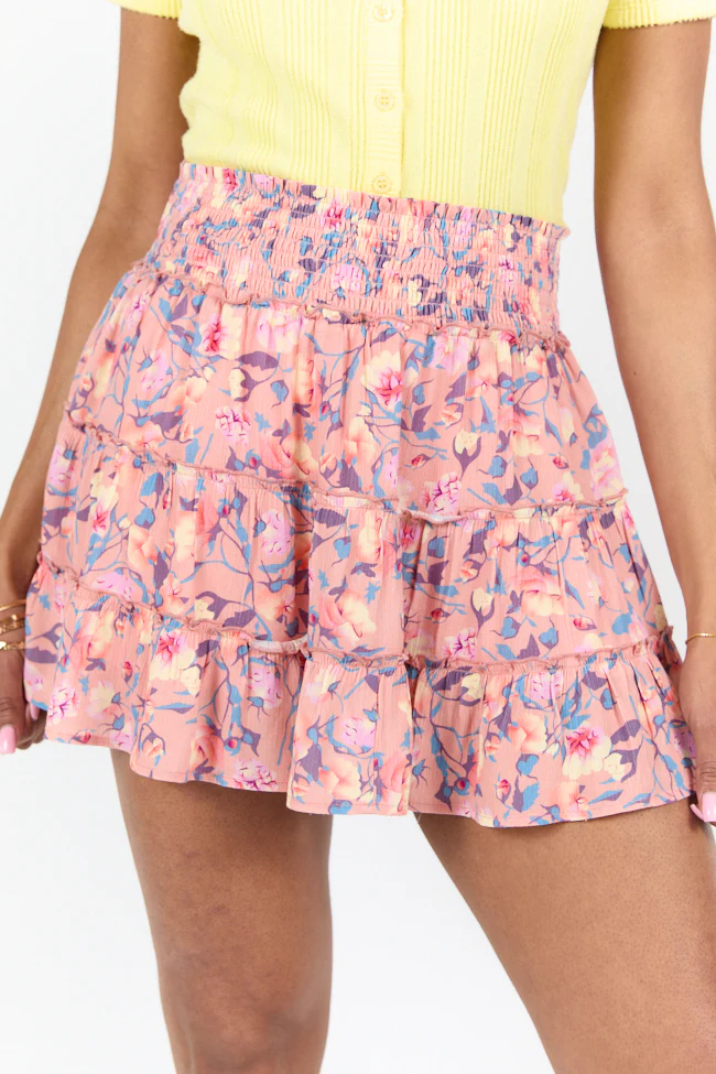 Through The Garden Coral Multi Color Floral Mini Skort - Terpint