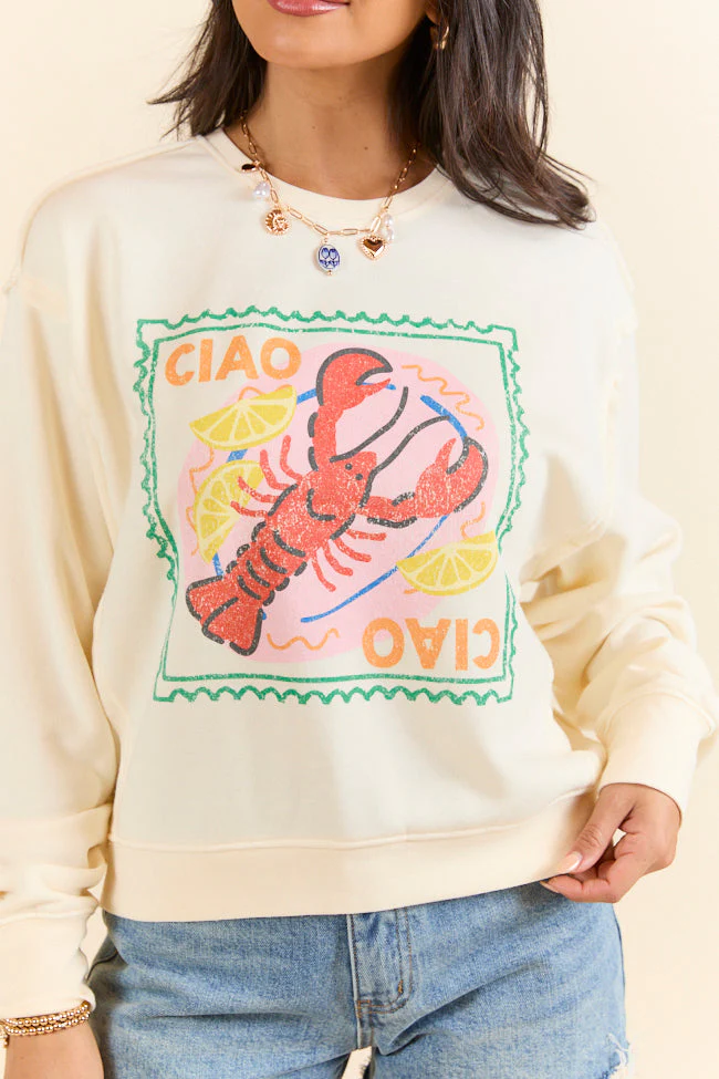 Ciao Ciao Cream Raw Hem Fleece Graphic Sweatshirt - Terpint