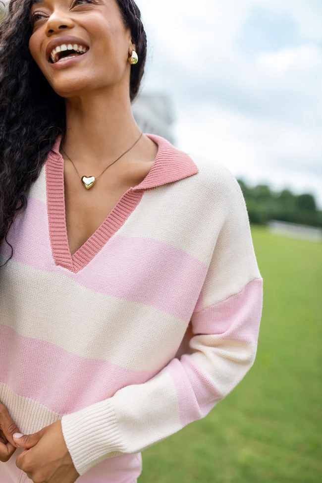 Hibiscus Pink and Cream Striped Collared V-Neck Sweater - Terpint