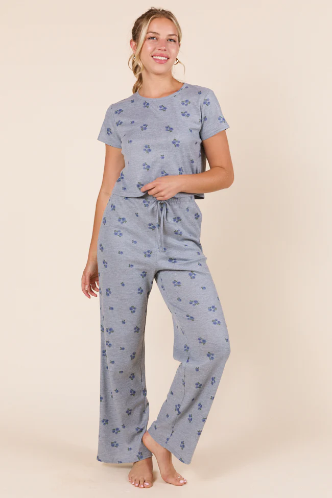 Lainey Waffle Knit Blue Floral Pajama Top - Terpint