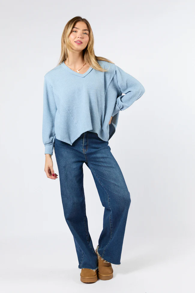 Never Say Never Dusty Blue Ribbed Knit V-Neck Long Sleeve Top FINAL SALE - Terpint