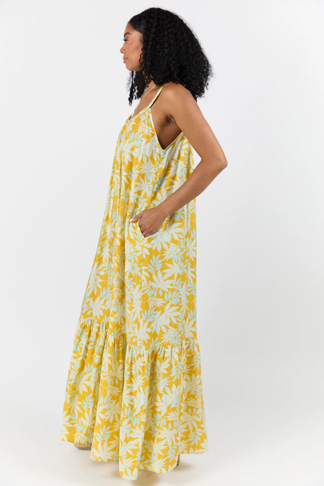 Painting The Sky Yellow Leaf Print Maxi Dress DOORBUSTER - Terpint