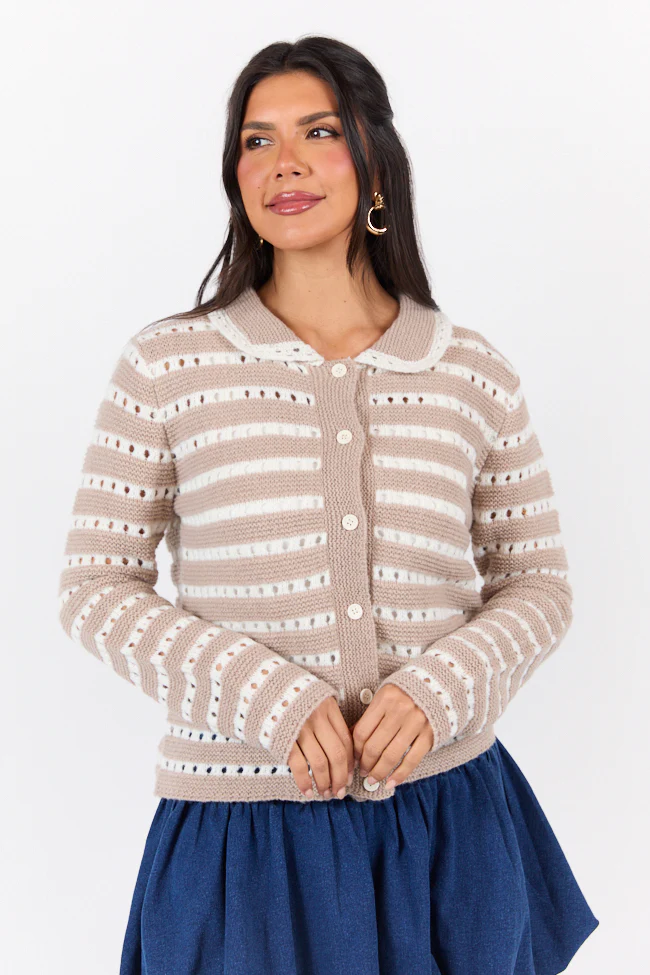 Warm Feelings Taupe Open Knit Striped Collared Cardigan DOORBUSTER - Terpint