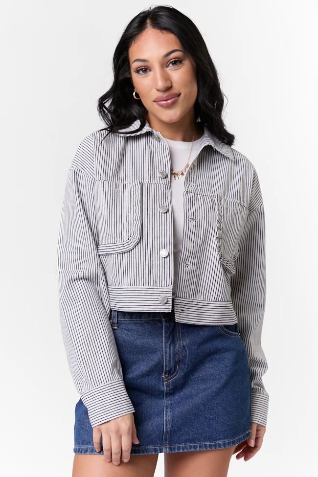 Say It Again Navy Striped Denim Jacket FINAL SALE - Terpint