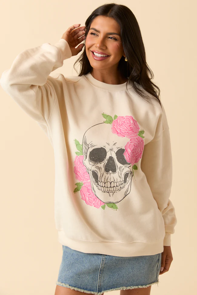 Skull and Roses Cream Graphic Sweatshirt - Terpint