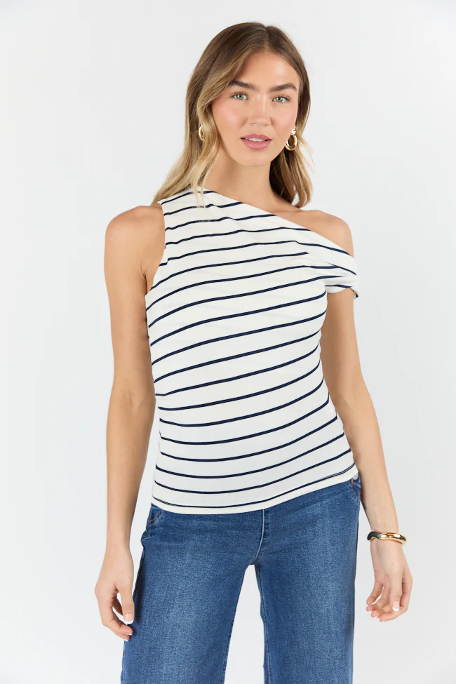 Twilight Tides Ivory and Navy Stripe Twisted Off The Shoulder Knit Top - Terpint