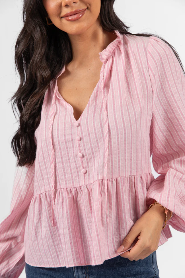 Oh My Darling Pink Stripe Notched Neckline Button Detail Peplum Blouse FINAL SALE - Terpint