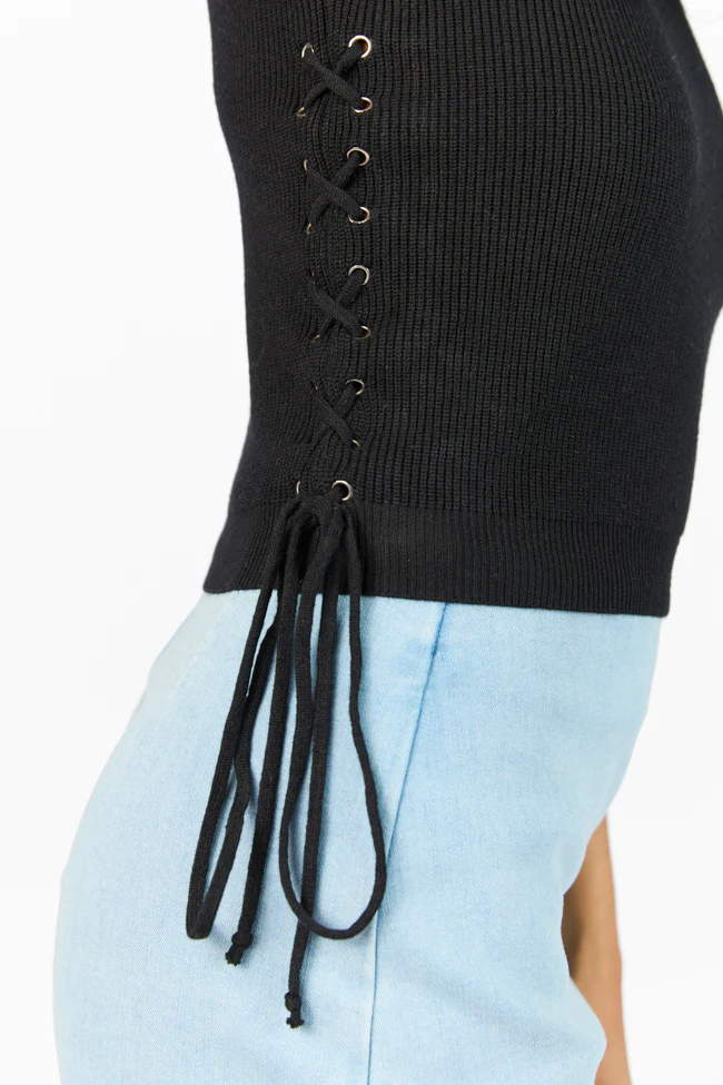 Strike The Right Note Black Corset Side Detail Sweater Tank - Terpint