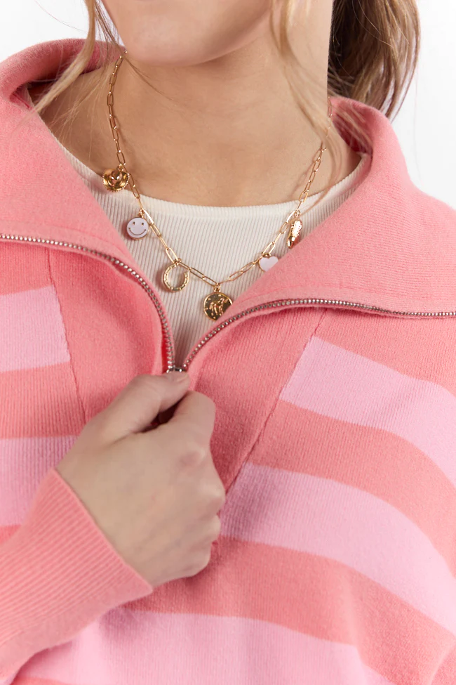Pulling Heartstrings Coral Multi Stripe Quarter Zip Pullover FINAL SALE - Terpint