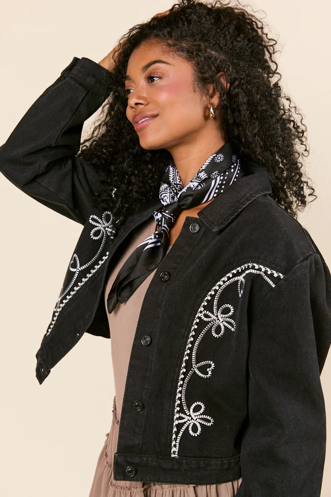 Danielle Black Embroidered Denim Jacket - Terpint