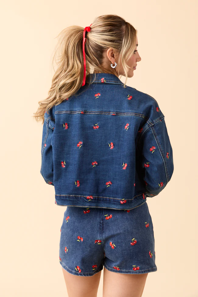 My Favorite Cherry Embroidered Stretch Denim Jacket - Terpint