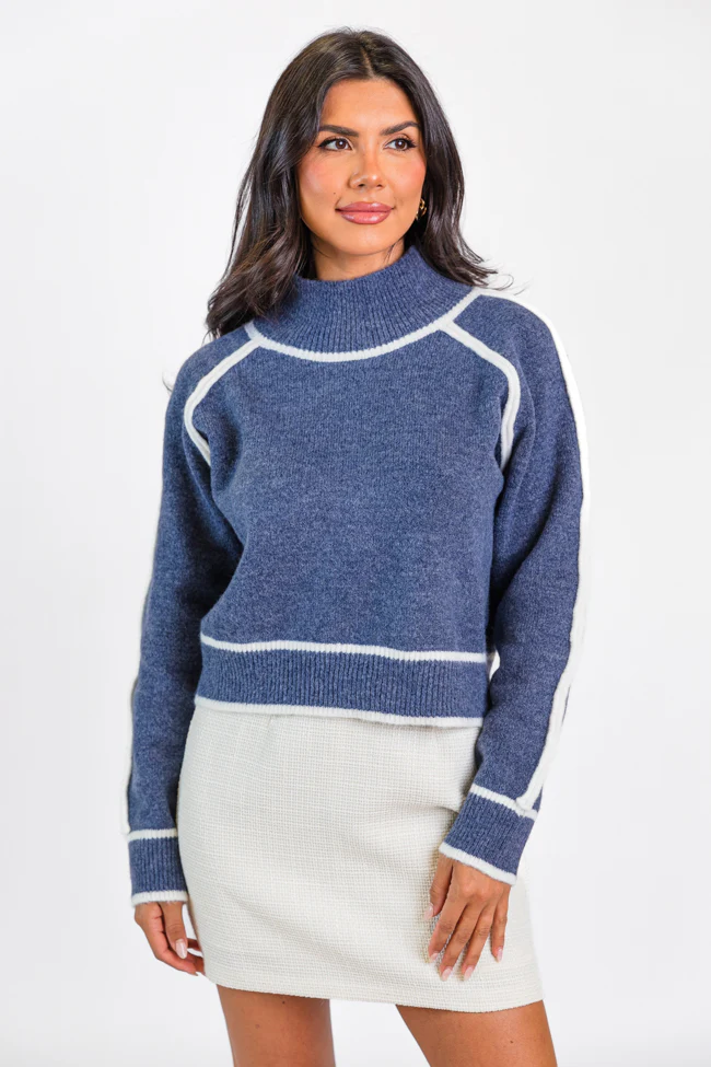 In Between Navy and Ivory Contrast Stitch Mock Neck Sweater FINAL SALE - Terpint