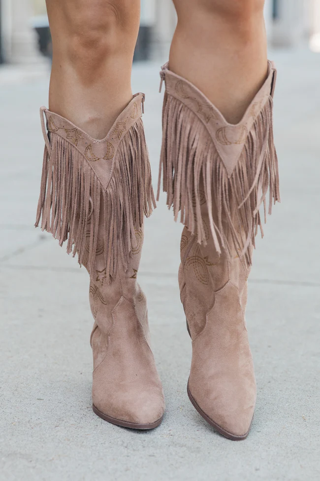 Fancy Suede Warm Taupe Fringe and Stars Boots SALE - Terpint