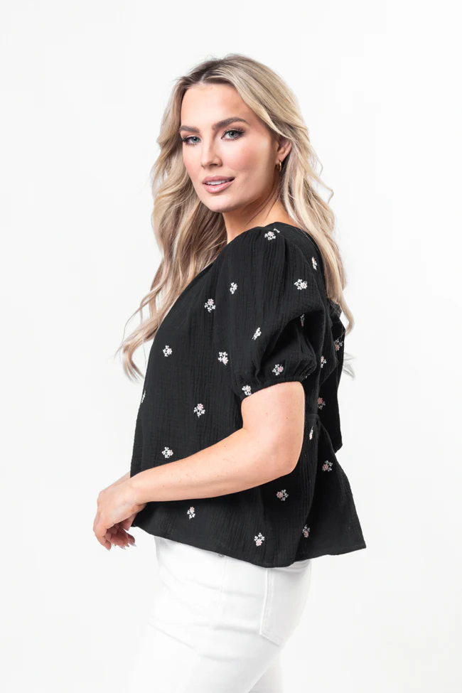 Endless Charm Black Floral Embroidered Gauze Blouse DOORBUSTER - Terpint