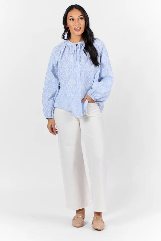 Downtown Delight Blue Embroidered Woven Button Down Blouse DOORBUSTER - Terpint