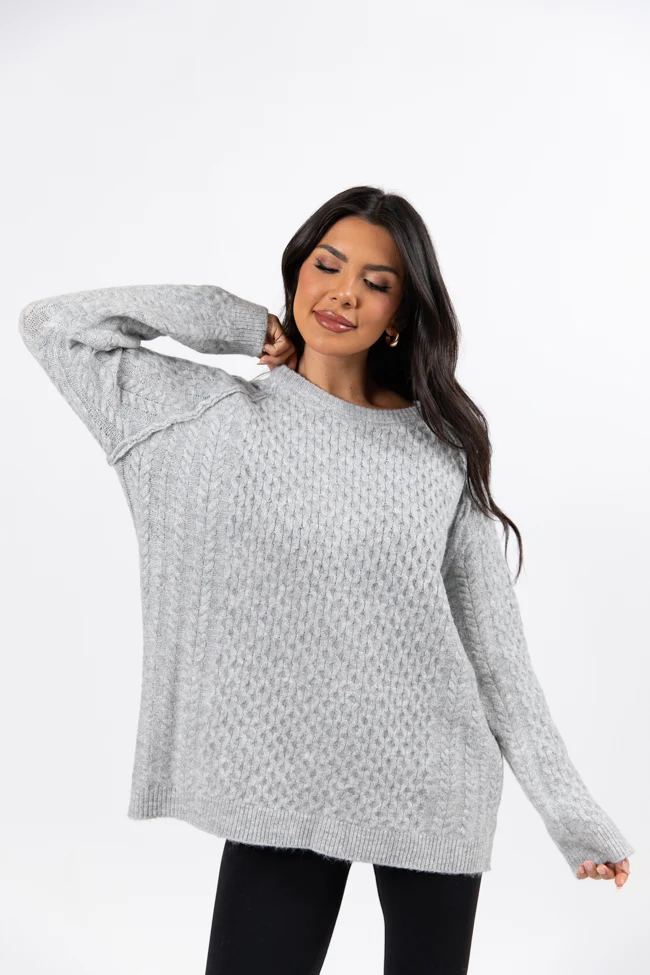 Cable Knit Cuddles Grey Oversized Crew Neck Sweater FINAL SALE - Terpint