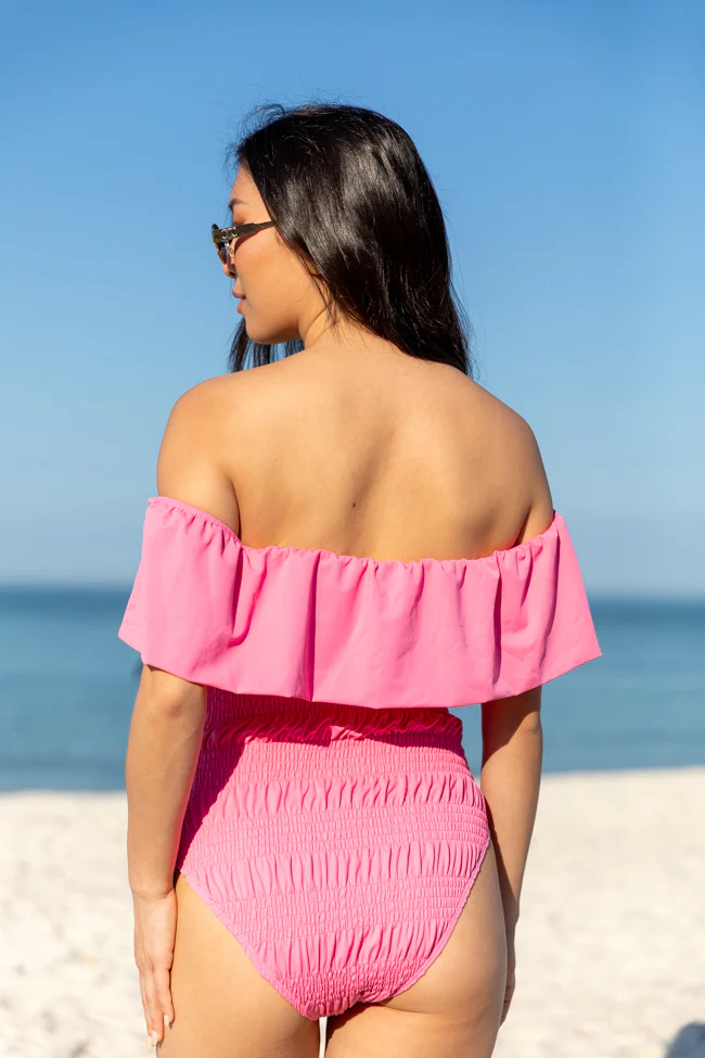 Resort Radiance Pink Smocked Off The Shoulder One Piece Swimsuit FINAL SALE - Terpint