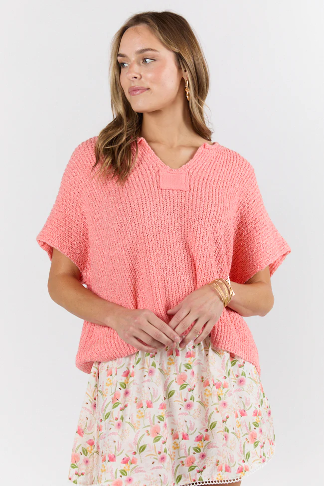 Make Waves Coral Short Sleeve Textured Lightweight Sweater FINAL SALE - Terpint