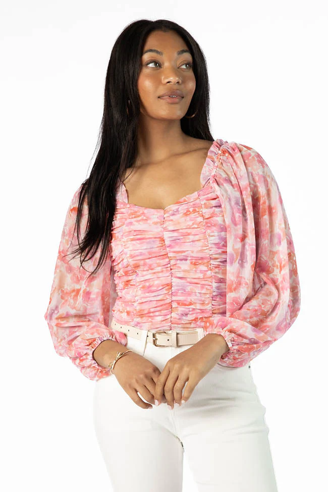 Show Me The Way Pink Multi Ruched Balloon Sleeve Floral Bodysuit FINAL SALE - Terpint