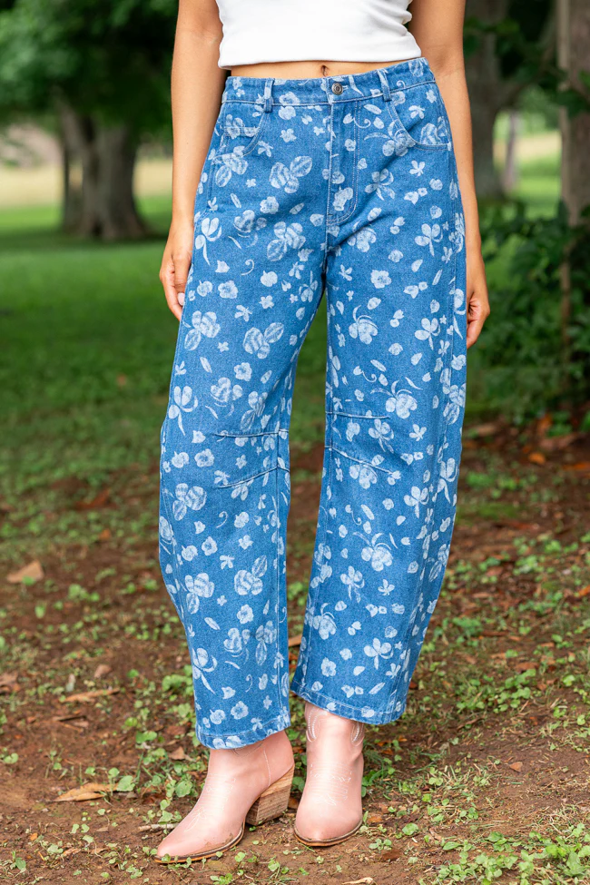Katie Floral Printed Denim Barrel Jeans - Terpint