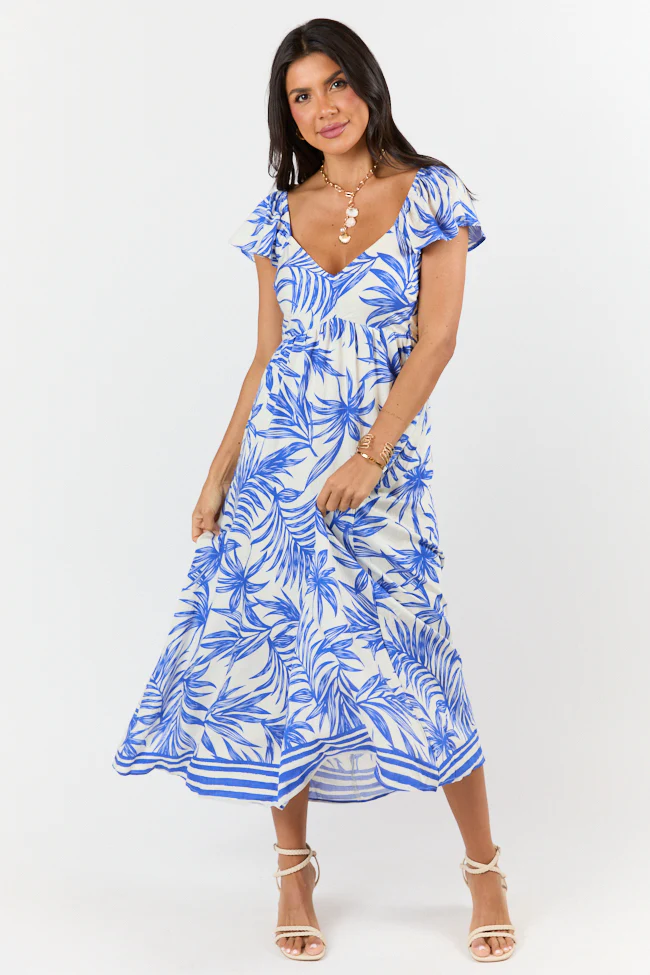 Palm Oasis Blue and White Leaf Printed Midi Dress - Terpint