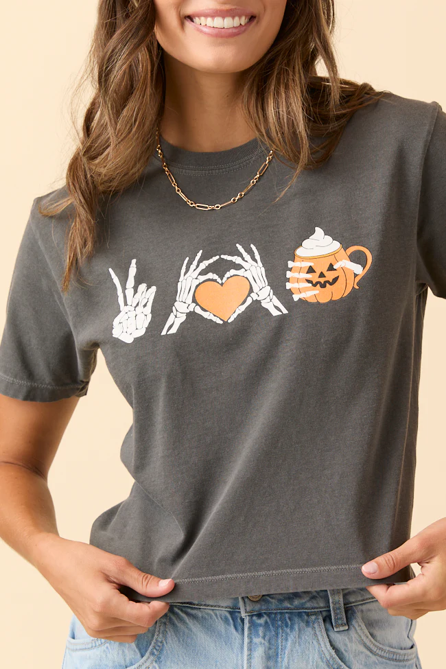 Peace, Love, and Pumpkin Spice Latte Dark Grey Boxy Graphic Tee - Terpint