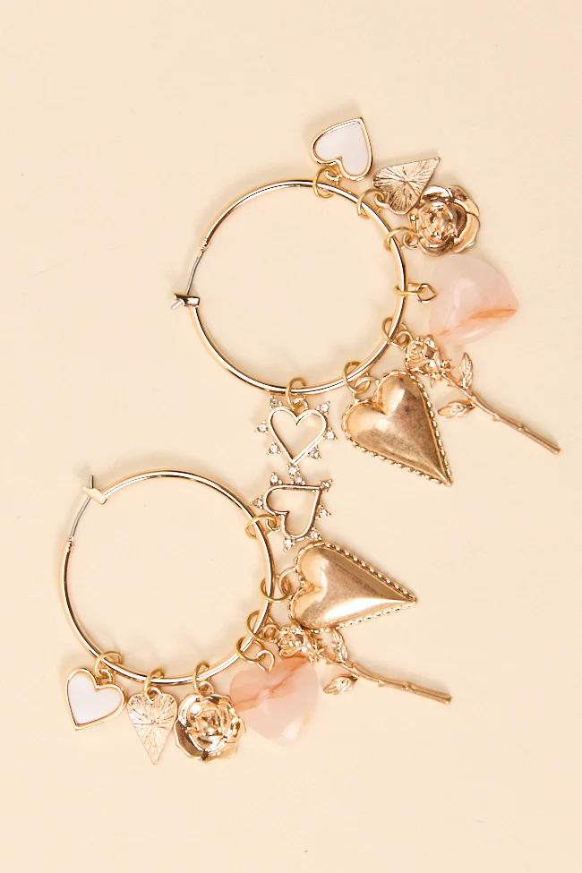 Lacy Gold Heart Charm Hoop Earrings - Terpint