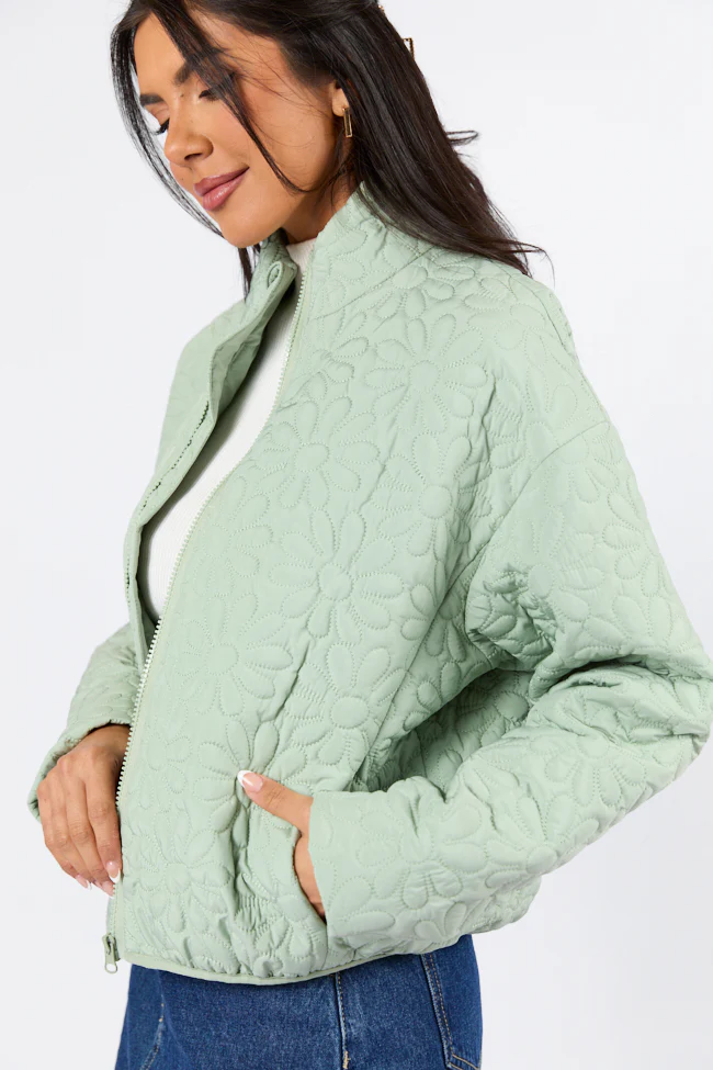 Full Bloom Sage Flower Quilted Zip Up Jacket FINAL SALE - Terpint