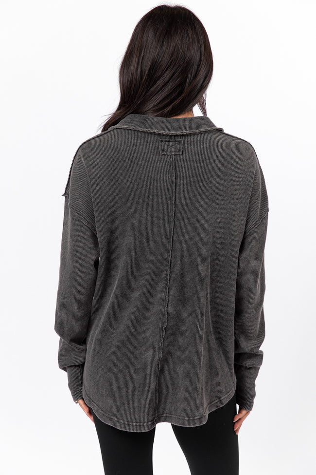 Leaf Your Worries Black Acid Washed Waffle Collared Top - Terpint