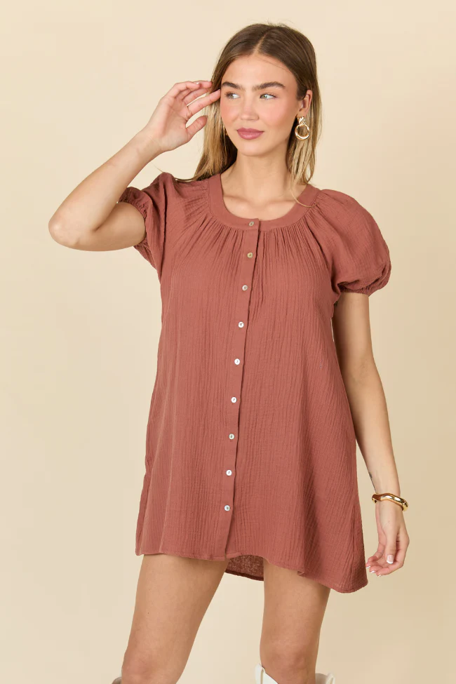 Life Of The Party Brown Gauze Short Sleeve Mini Dress SALE - Terpint