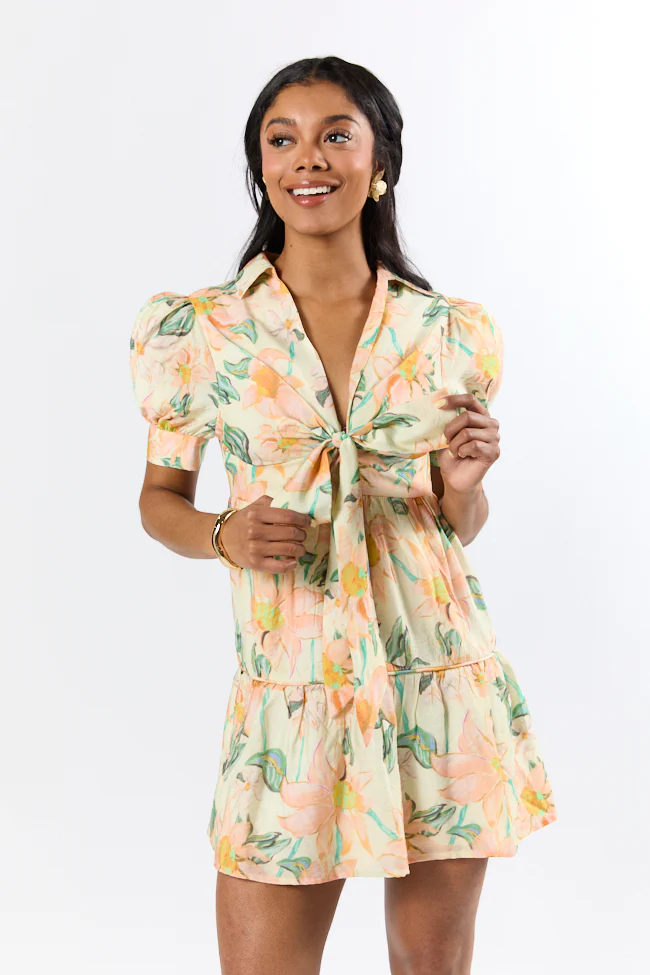 Off The Vine Multi Floral Print Front Tie Shirt Dress SALE - Terpint