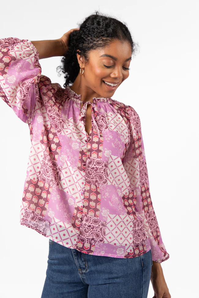 Fade Into You Purple Multi Button Detail Printed Blouse FINAL SALE - Terpint