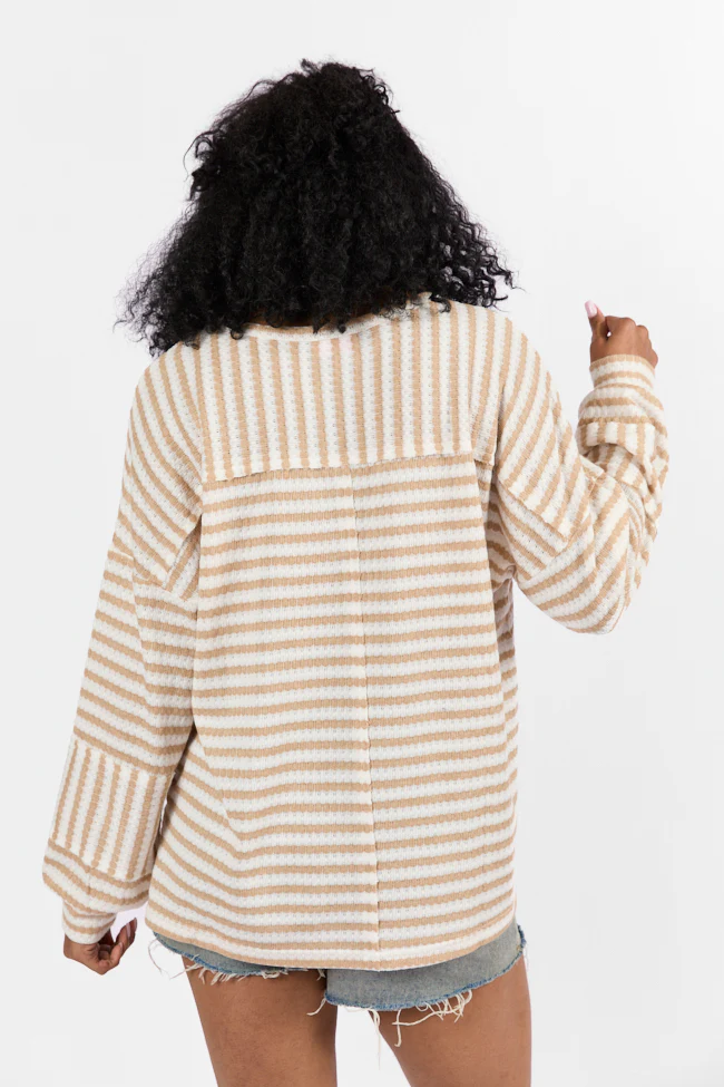 All For Sun Tan and Ivory Striped Knit V-Neck Long Sleeve Tee FINAL SALE - Terpint