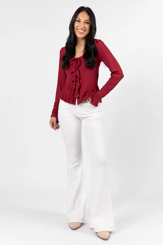 Treat You The Same Wine Ruffle Detail Ribbed Blouse FINAL SALE - Terpint