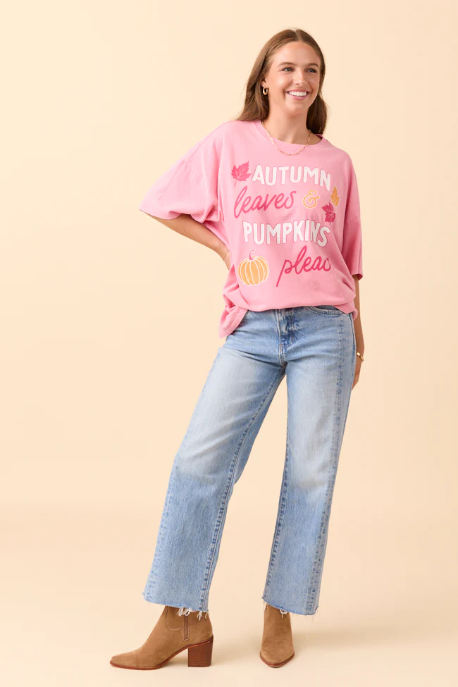 Autumn Leaves & Pumpkins Please Taffy Pink Oversized Graphic Tee - Terpint