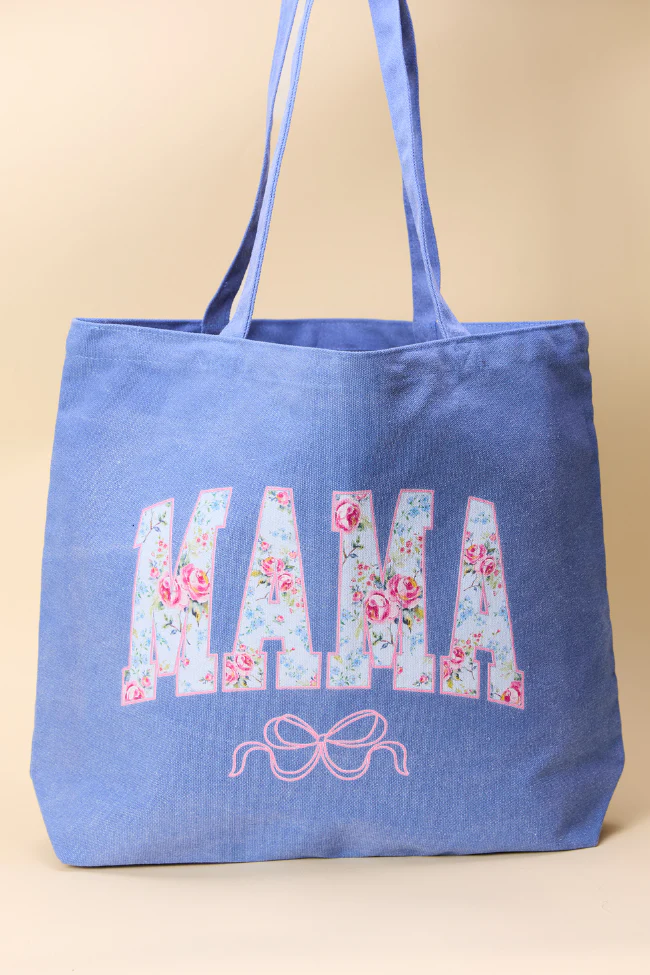 Mama Floral Bow Periwinkle Blue Graphic Tote Bag - Terpint
