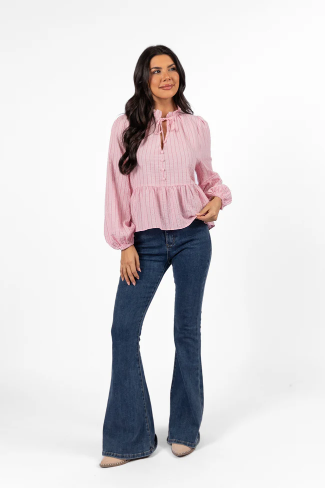 Oh My Darling Pink Stripe Notched Neckline Button Detail Peplum Blouse FINAL SALE - Terpint