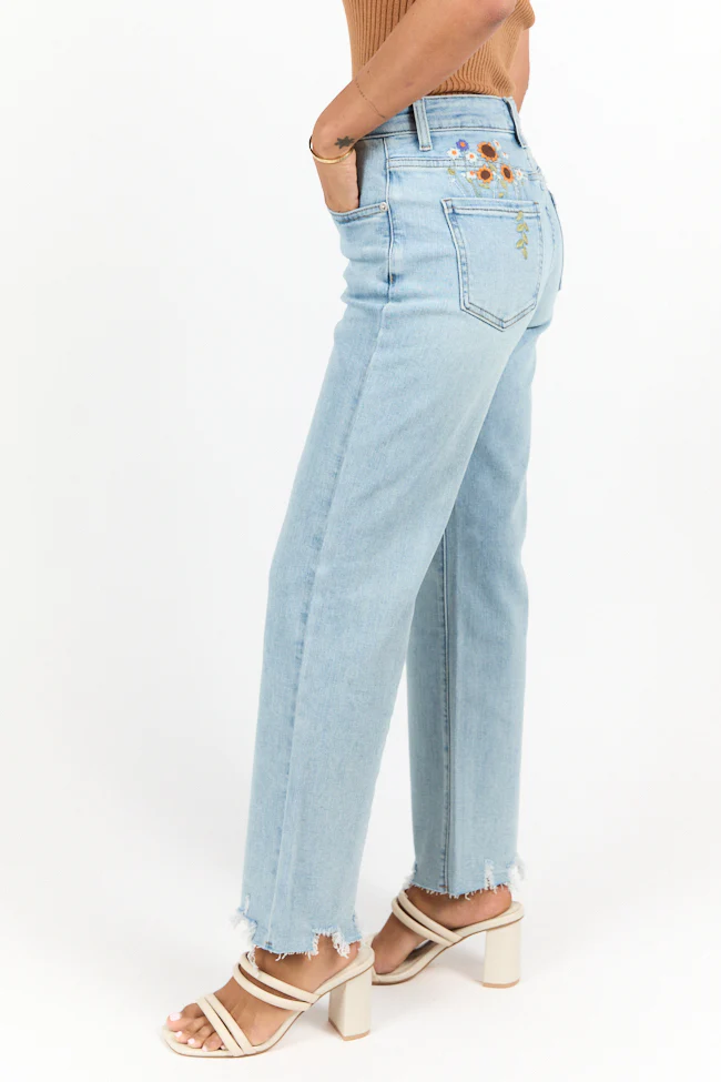 Lily Medium Wash Floral Embroidered Crop Relaxed Jeans FINAL SALE - Terpint