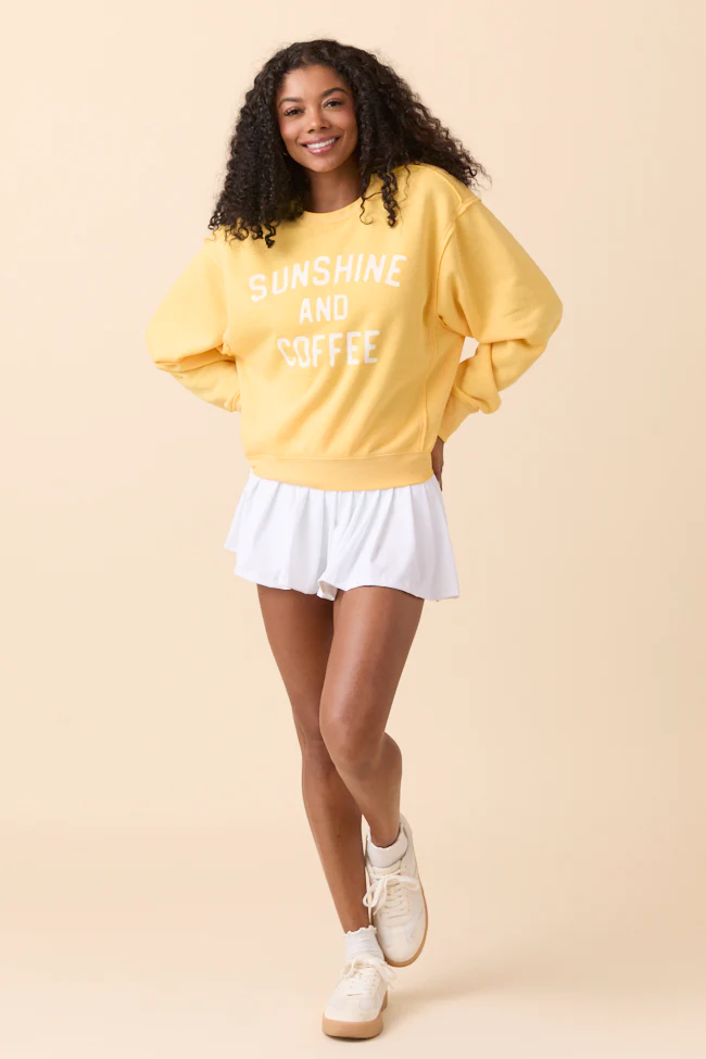 Sunshine and Coffee Yellow Raw Hem Fleece Graphic Sweatshirt - Terpint