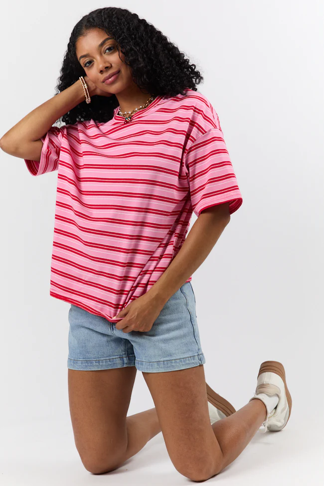 Between The Lines Pink and Red Oversized Striped Tee DOORBUSTER - Terpint