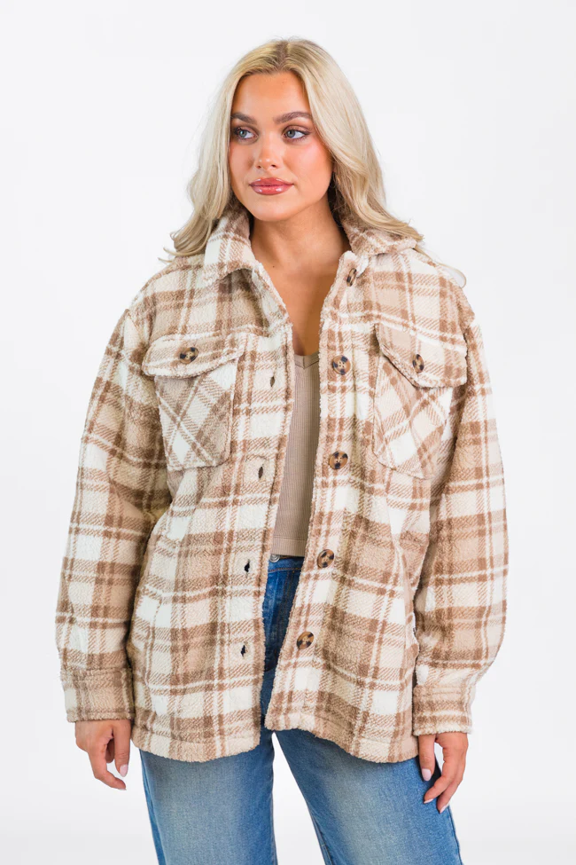 Through The Leaves Khaki Sherpa Plaid Shacket FINAL SALE - Terpint