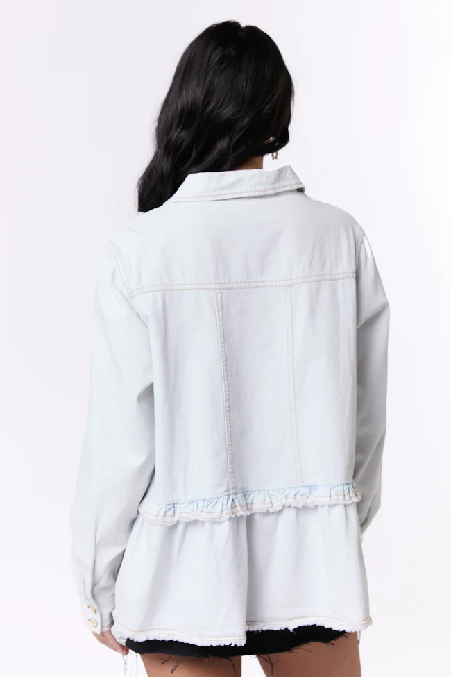 Here To Prove Light Wash Ruffle Trim Peplum Chambray Blouse SALE - Terpint