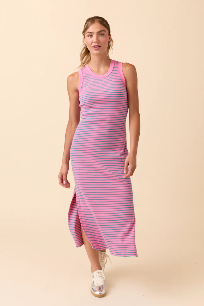 Emmie Lou Pink Striped Ribbed Knit Maxi Dress DOORBUSTER - Terpint