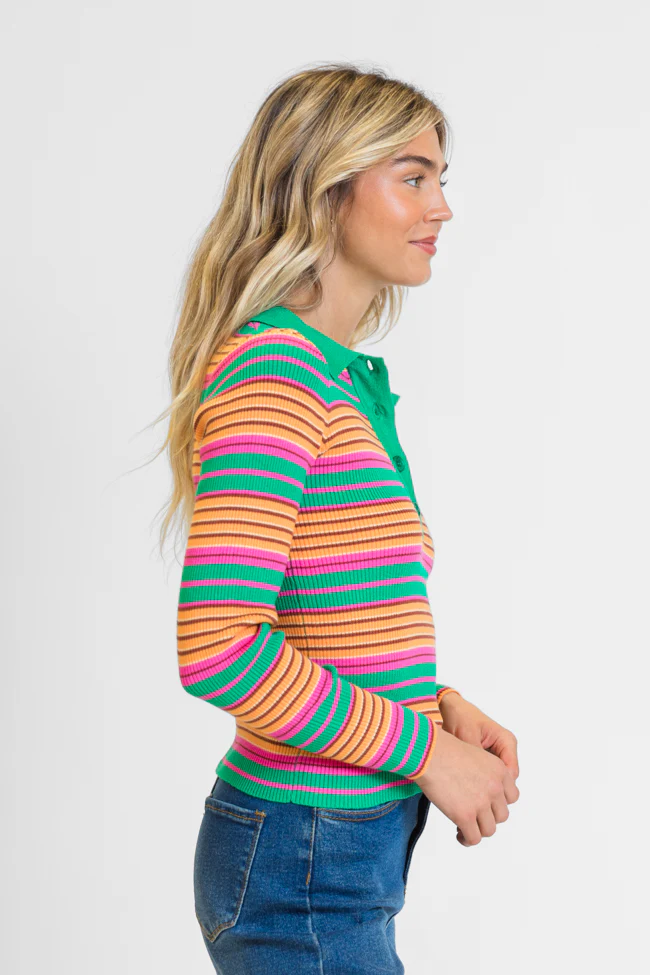 Wish I Knew Multi Striped Long Sleeve Polo Sweater FINAL SALE - Terpint